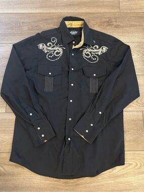 El General Western Pearl Snap Shirt Embroidered Black Gold Men’s M